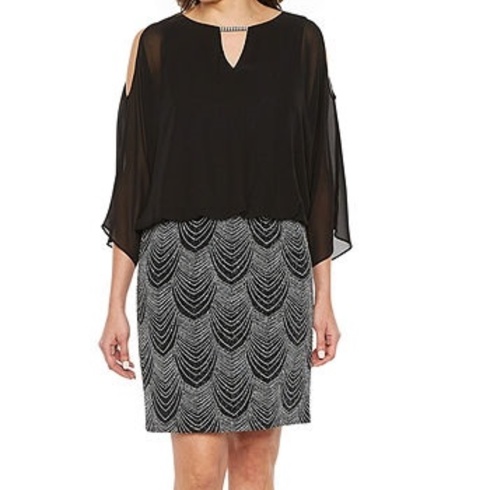Scarlett Black Silver Sparkle 3/4 Sleeve Blouson Dress 8